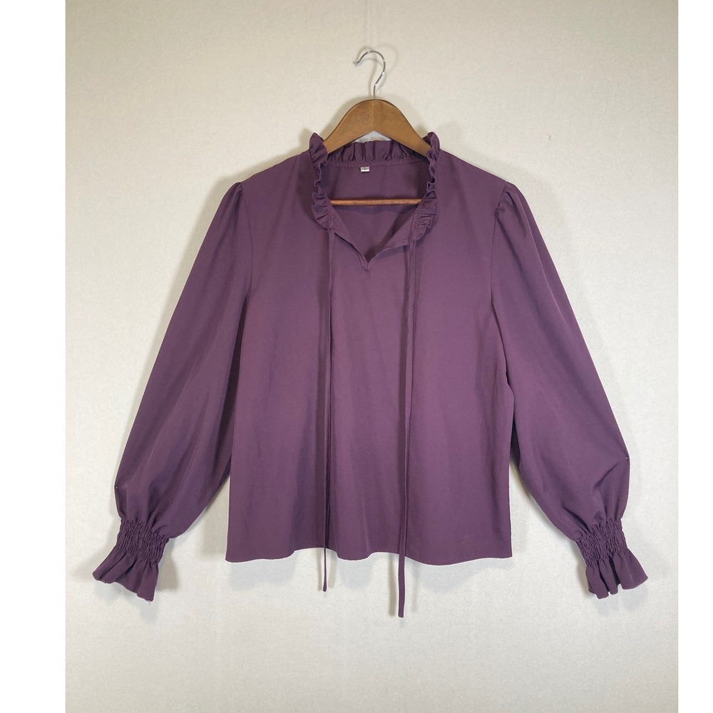 Victorian Romantic Unbranded Women Large Plum Purple Ruffle Smocked Cuff Blouse